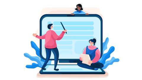 Lernen heißt nachlesen Illustration: Drei Menschen stehen und sitzen auf einem überlebensgroßen Tablet und lernen