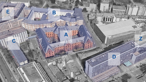 Das Justizzentrum Konstablerwache aus der Luft, alle Gebäude mit Buchstaben markiert.