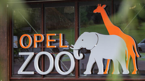 Schriftzug "Opel-Zoo" mit einer Stilisierten Giraffe und einem Elefant