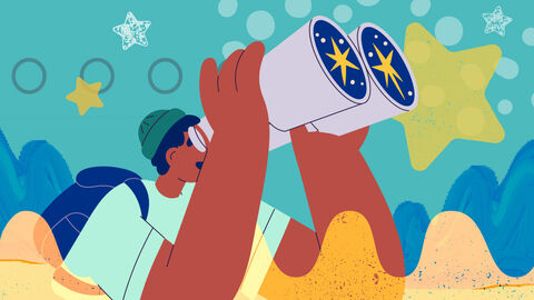 Hier gibt es was zu entdecken! Jemand schaut durch ein riesiges Fernglas