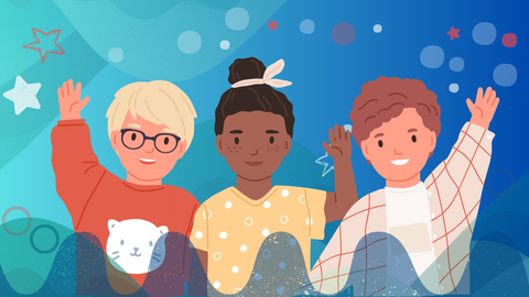 Illustration von 3 lächelnden Kindern, Alle melden sich